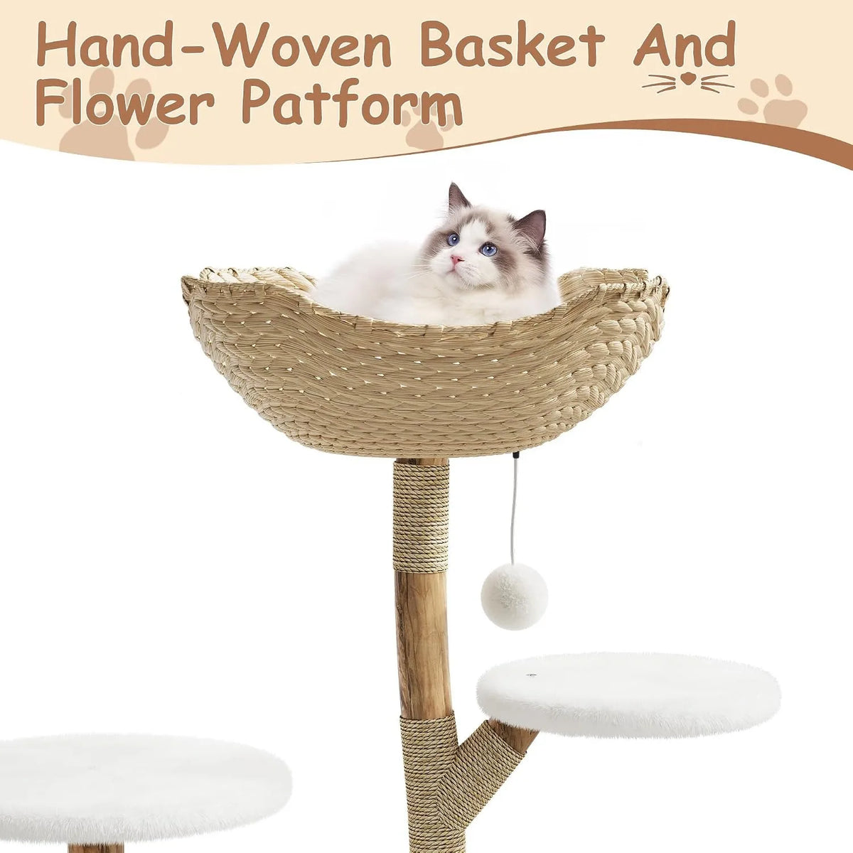 Wooden Cat Tree Tower With Rattan Perches For Indoor Cats