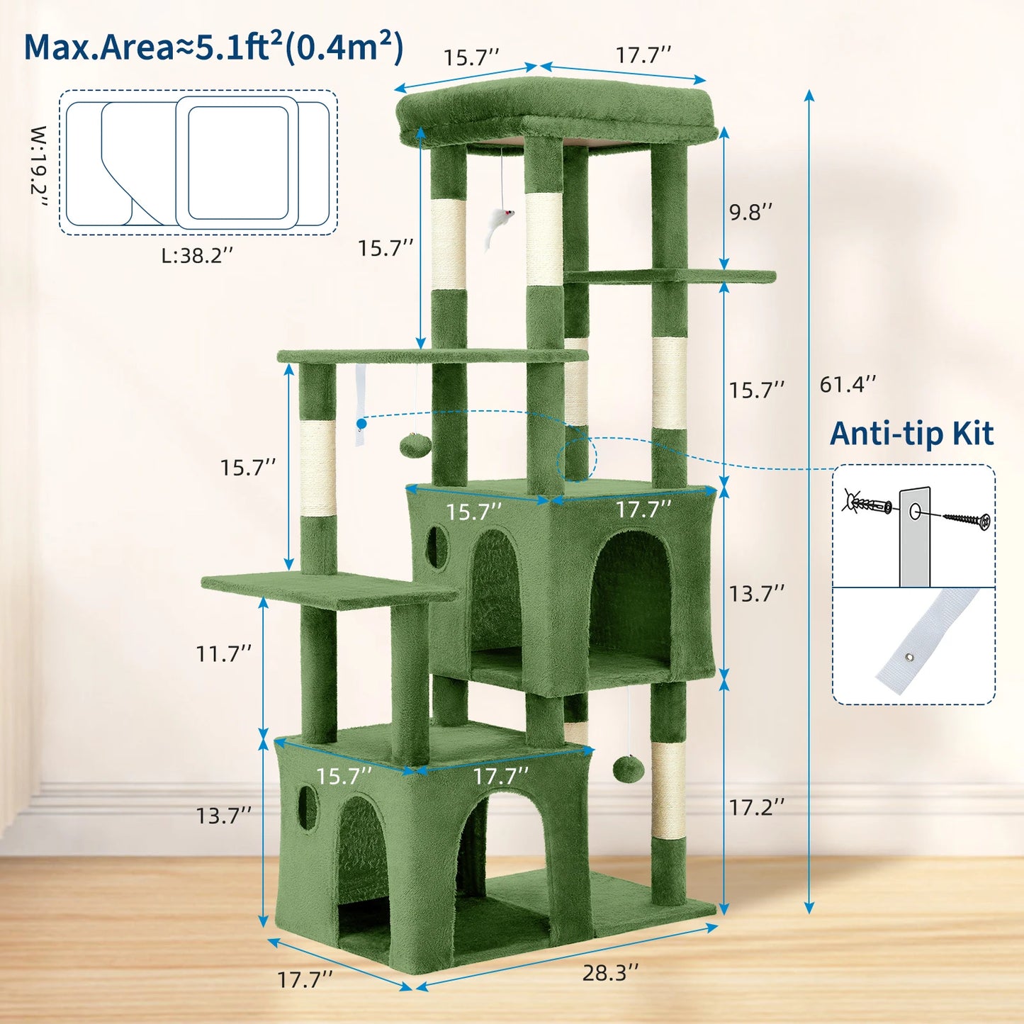 HiMISS Cat Tree Tower For Large Cats Maine Coon With Perch And Condos