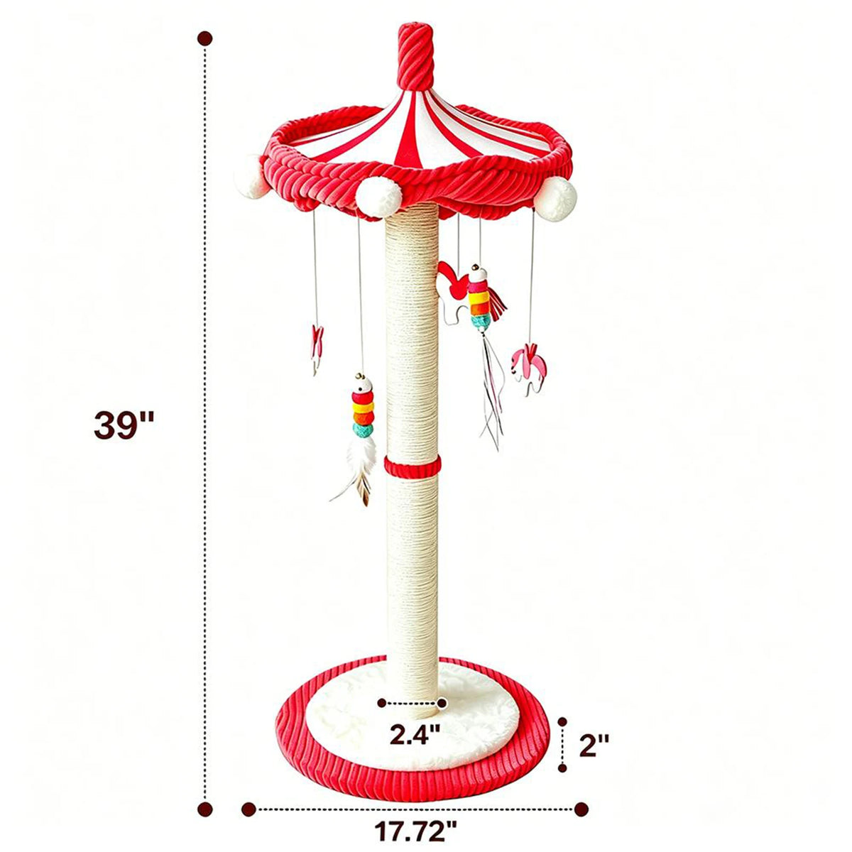 39“ Tall Carousel Cat Scratching Post with Hanging Toys Cat Tree Tower with Rotating Top 17.7" Stable Base Interactive Toys For Indoor Kittens and Adult Cats Climbing