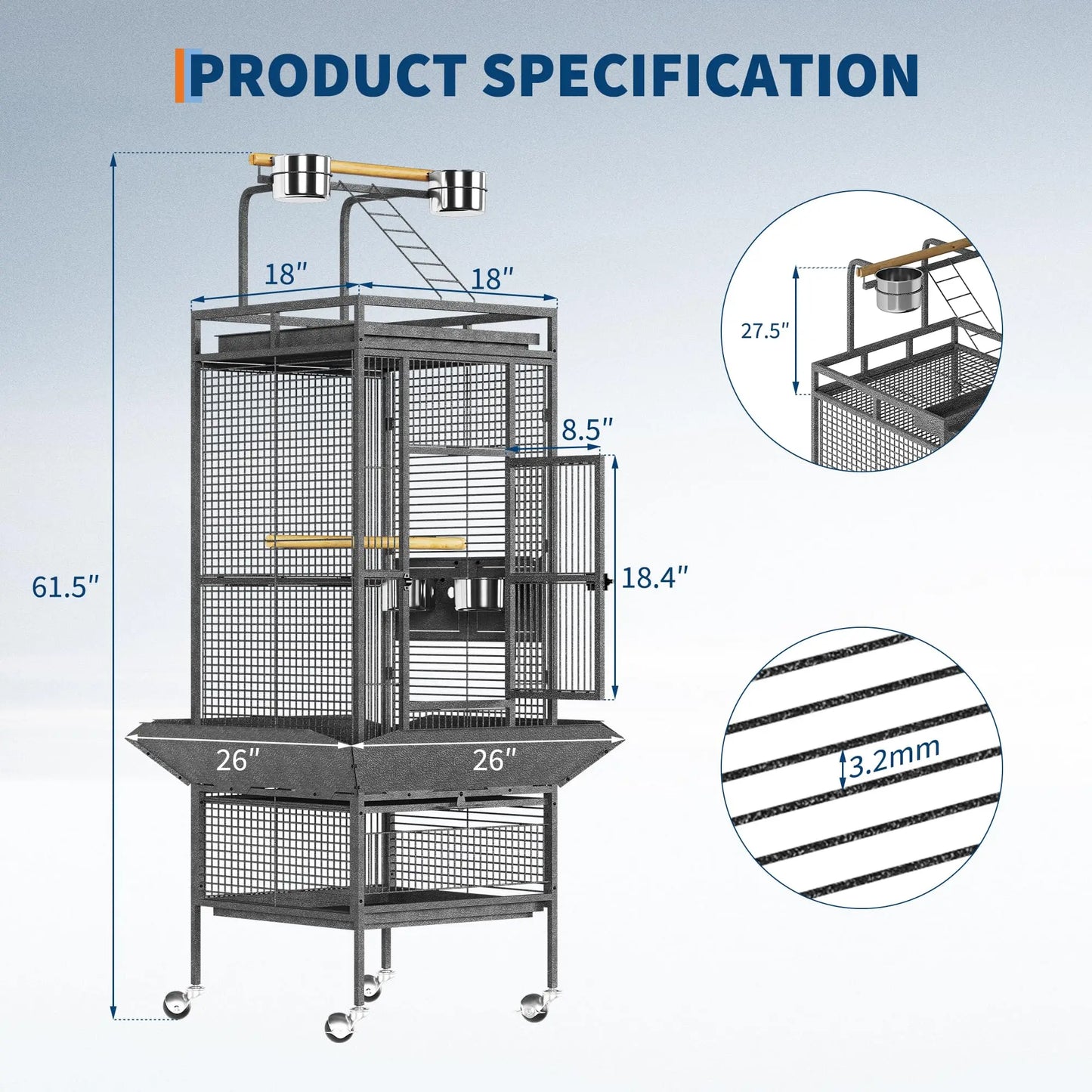 HiMISS Bird Cage With Rolling Stand Storage Shelf Slide Out Tray Budgies