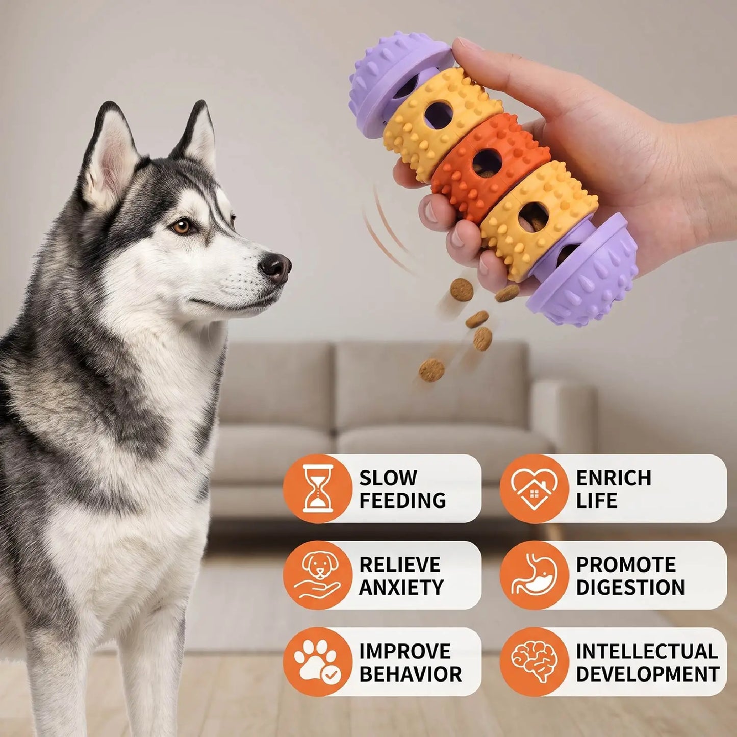 Dog enrichment toy with fun treat-dispensing design and textured chewing surface, built-in snack slots for slow feeding, suitable for all dog breeds for daily exercise and training