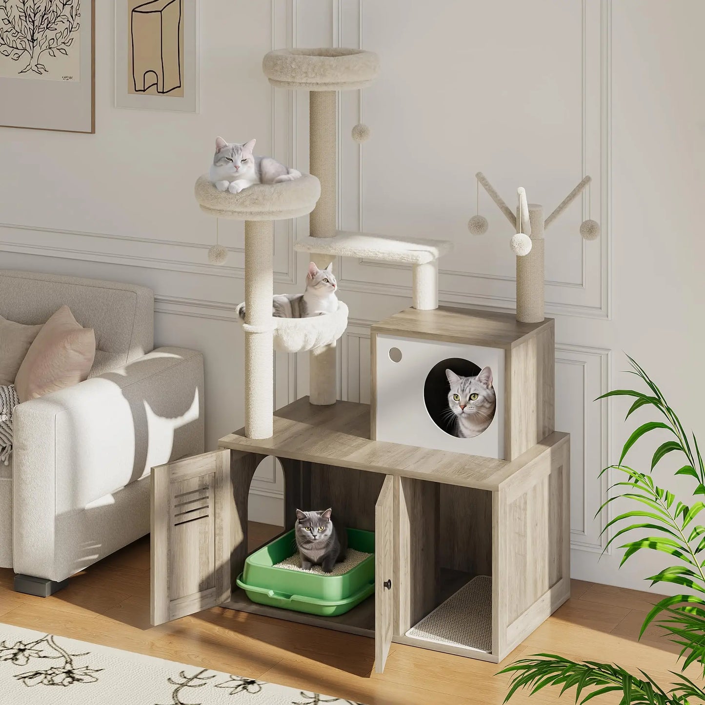 HiMISS Modern Wooden Cat Tree With Hidden Litter Box Cabinet