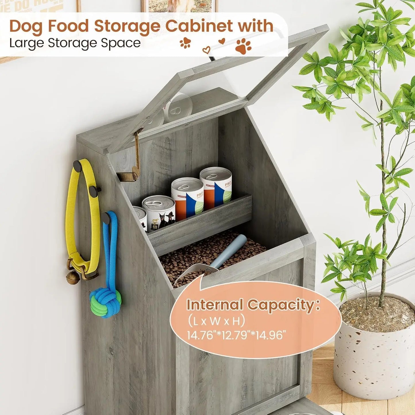 HiMISS Dog Food Station With Storage Raised Bowls And Hanger