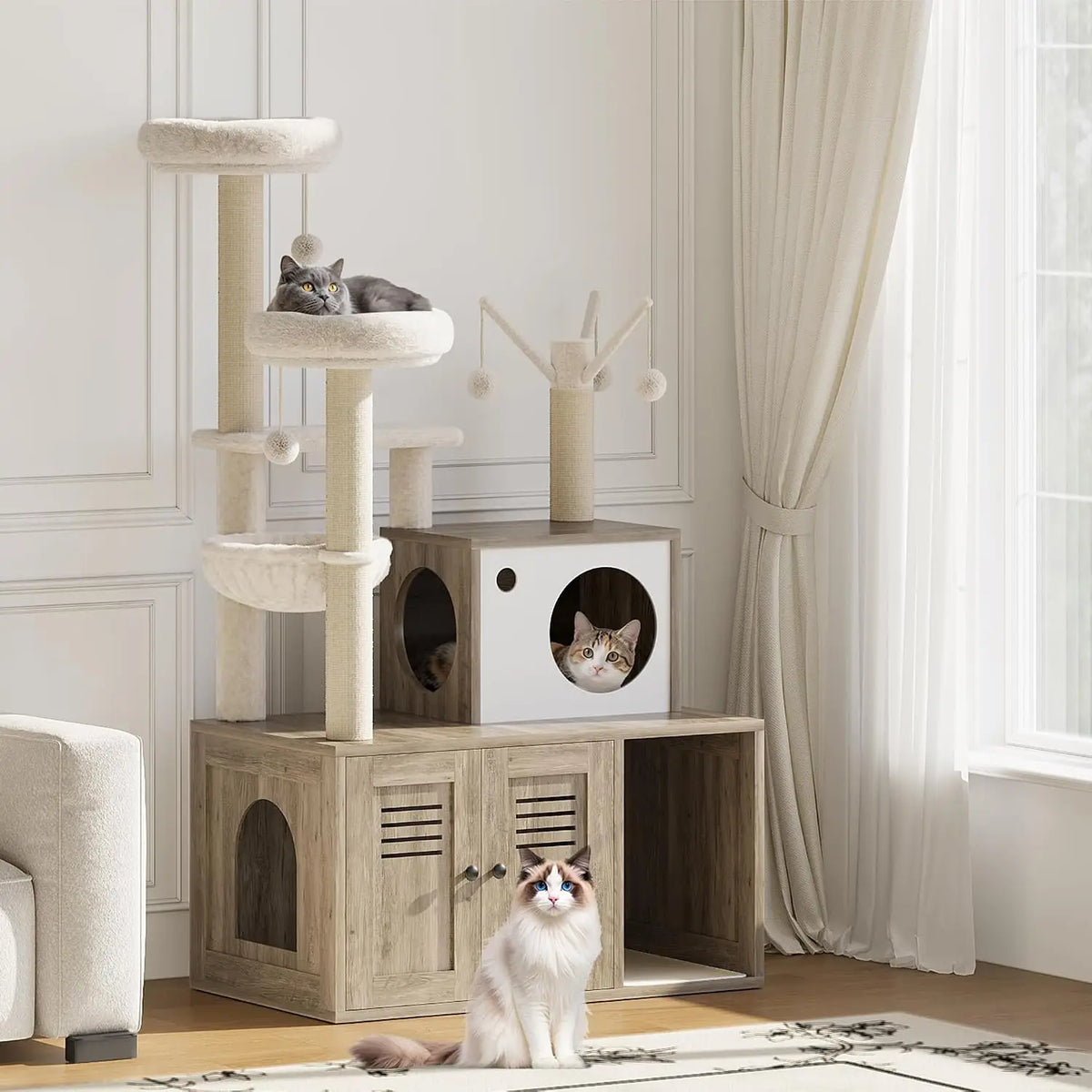 Cat Litter Cabinet with Cat Tree, 1 Piece 12MM Particle Board + 400G Plush, 140 cm High, Multifunctional Pet Furniture, Indoor Cat Accessories, Hidden Cat Litter Box Enclosure