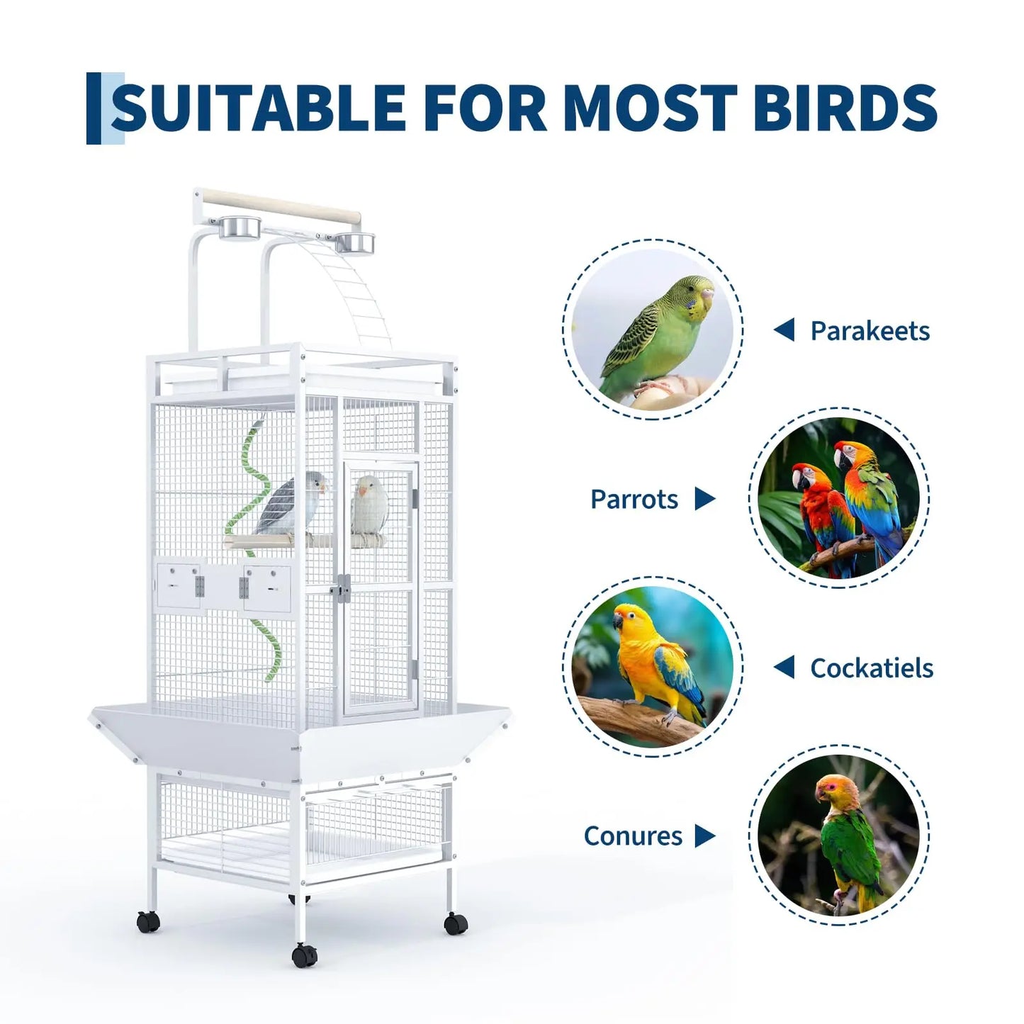 HiMISS Wrought Iron Bird Cage Playtop Rope Perches