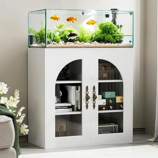 Glass Door Aquarium Stand With Adjustable Shelves And Cabinet