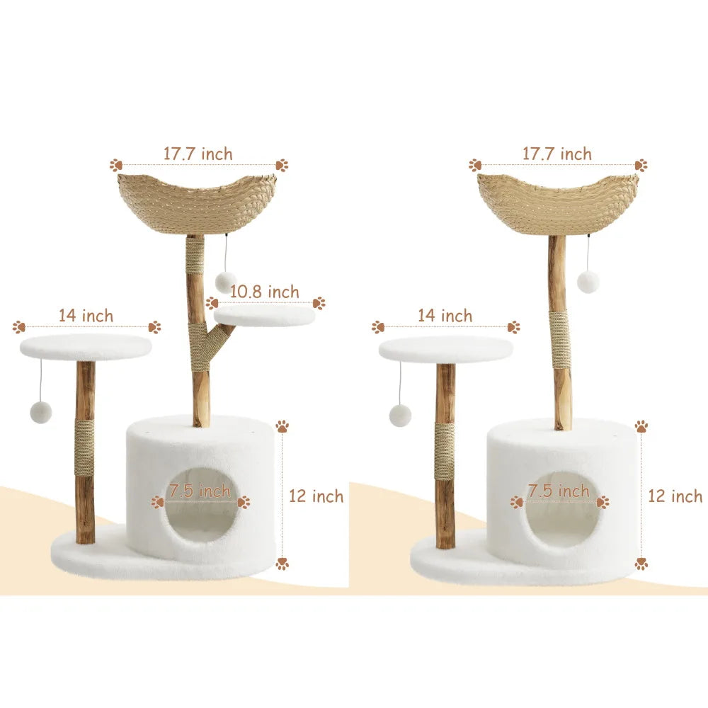 Wooden Cat Tree Tower With Rattan Perches For Indoor Cats