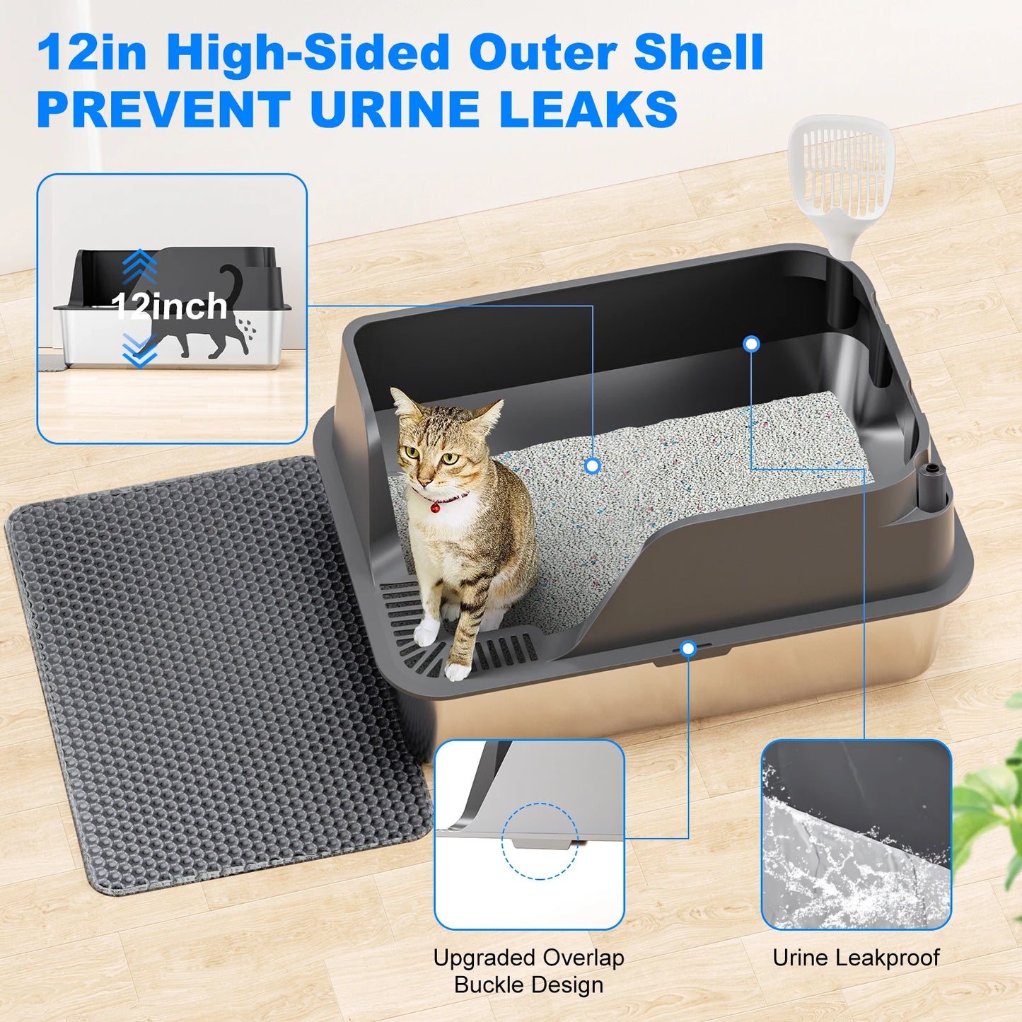 Stainless Steel Cat Litter Box Splash Proof Leak Resistant