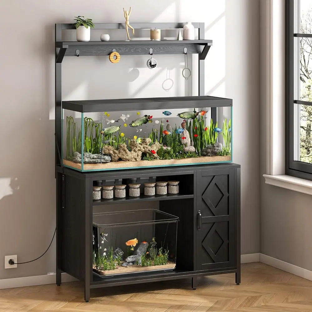 Tank Stand With Power Outlet And Aquarium Display Shelves