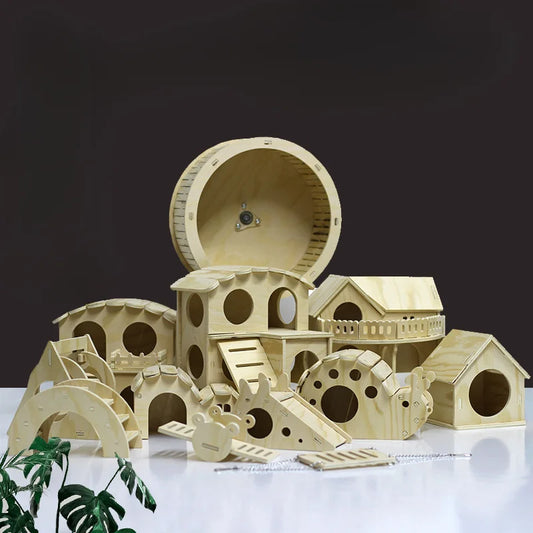 Wooden Hamster Toys Set With Cages Running Wheels Nests