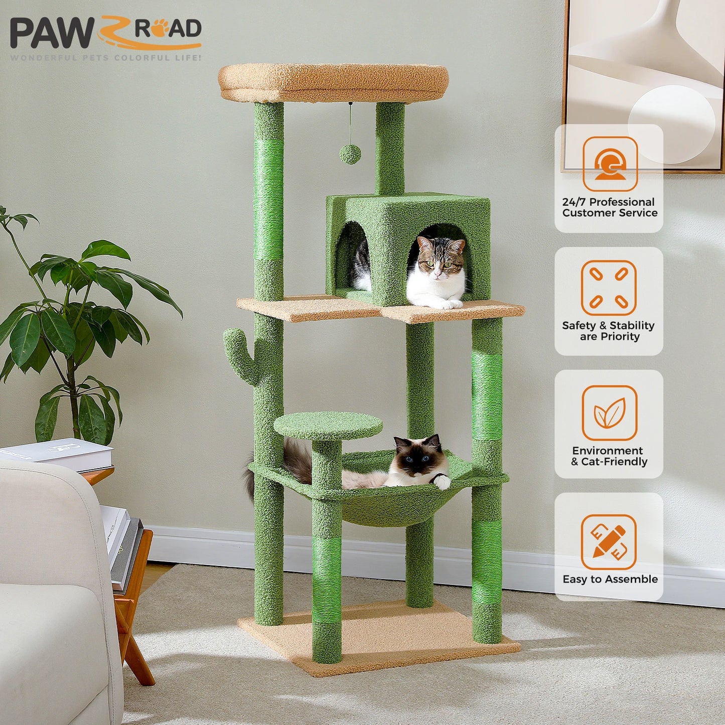 PAWZ Road Cactus Cat Tree Tower With Plush Metal Hammock