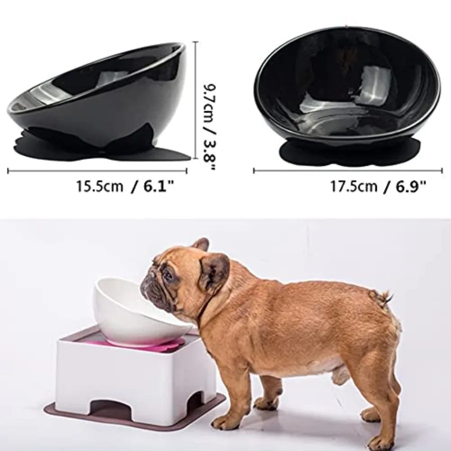 Ceramic Bulldog Dog Feeding - Dog Dish Wide Mouth Pet Sterile Tilted Pet Feeder with Anti-Skid Rubber Mat for Small Medium Dogs