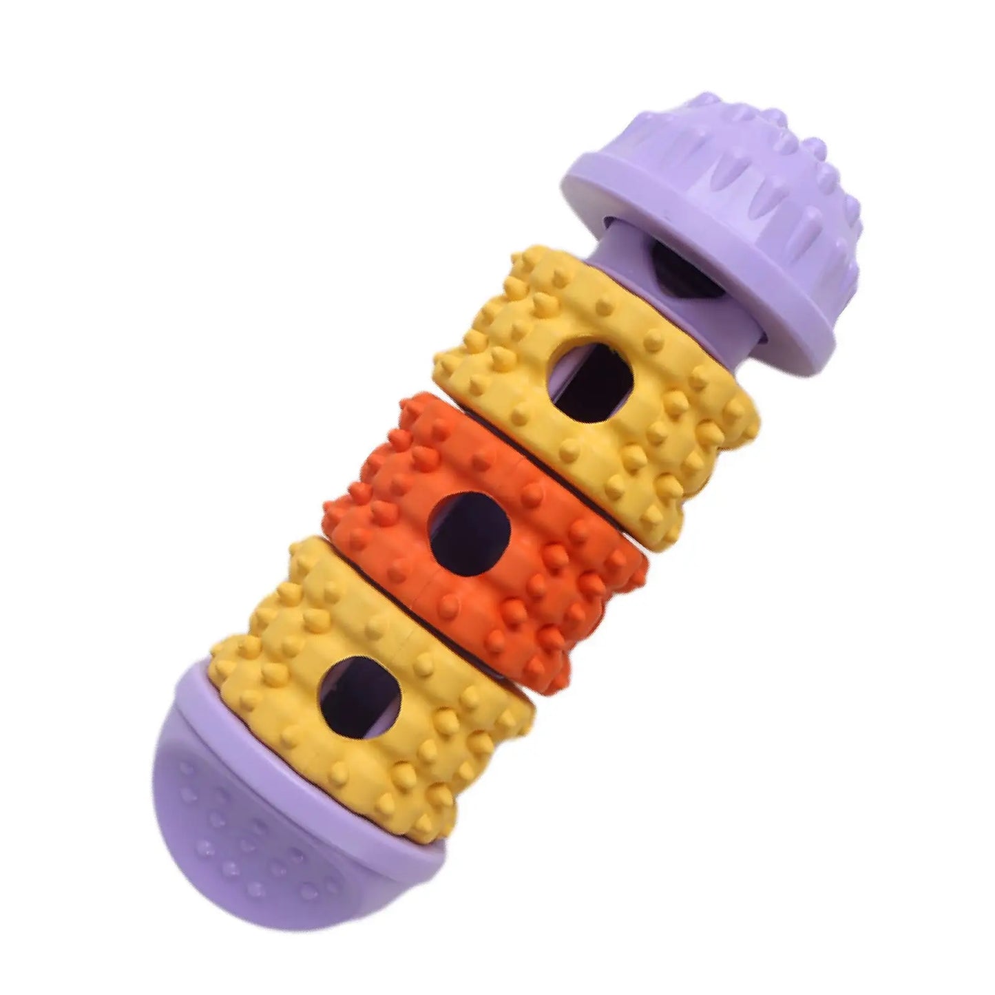 Dog enrichment toy with fun treat-dispensing design and textured chewing surface, built-in snack slots for slow feeding, suitable for all dog breeds for daily exercise and training