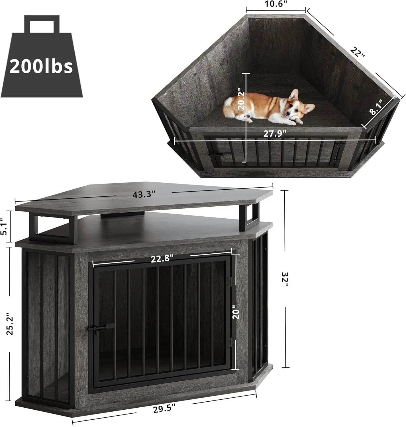 Corner Dog Crate With Two Tier Shelves Wood Kennel Enclosure
