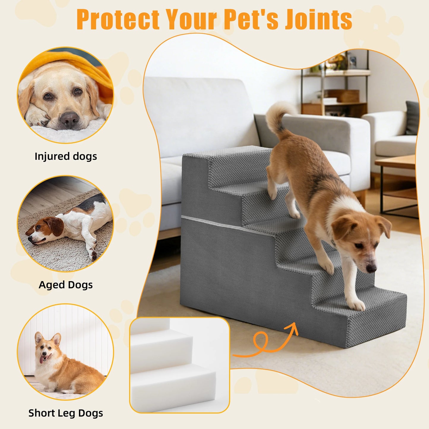 Foam Dog Stairs Ramp With Right Angled Design Indoor Non-Slip