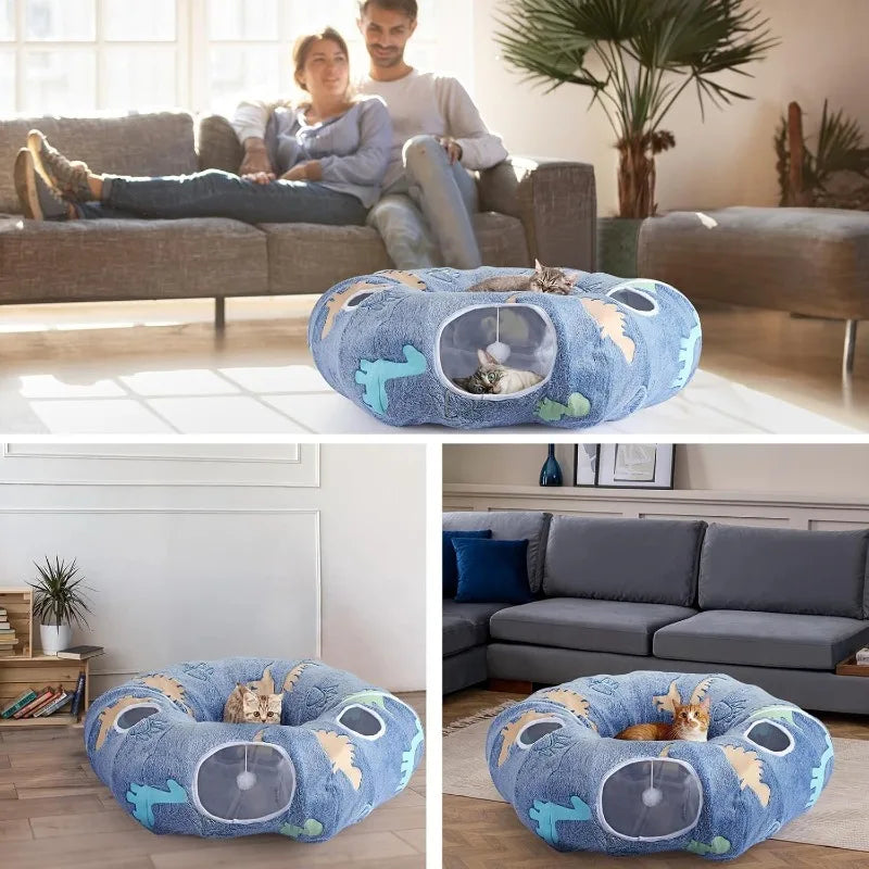 Foldable Cat Tunnel With Peekaboo Cave And Plush Bed