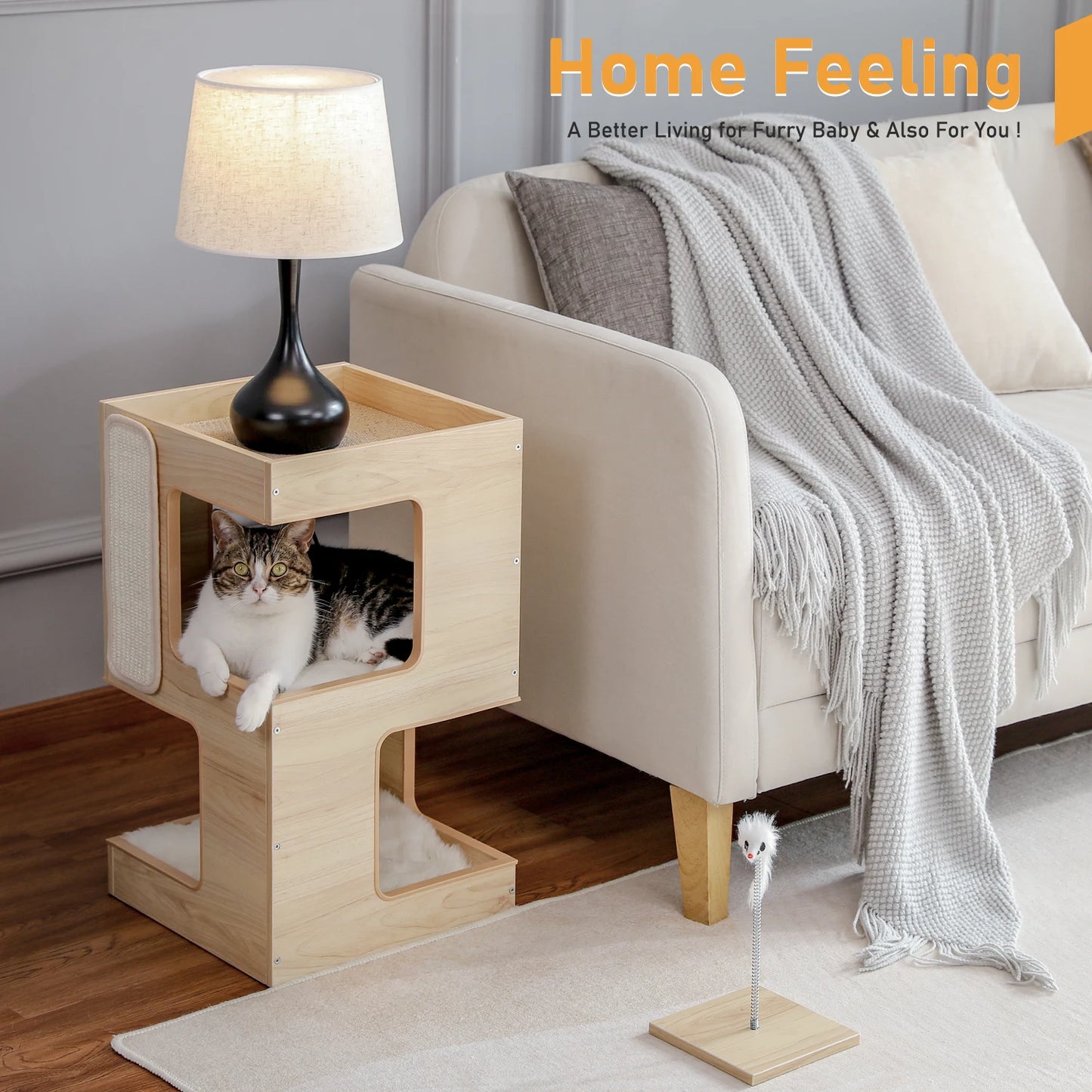 PAWZ Road Wood Cat Condo Tree With Scratching Pad Toys
