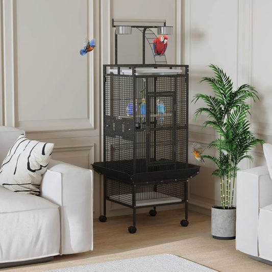 HiMISS Parrot Cage Rolling With Play Top And Bowls