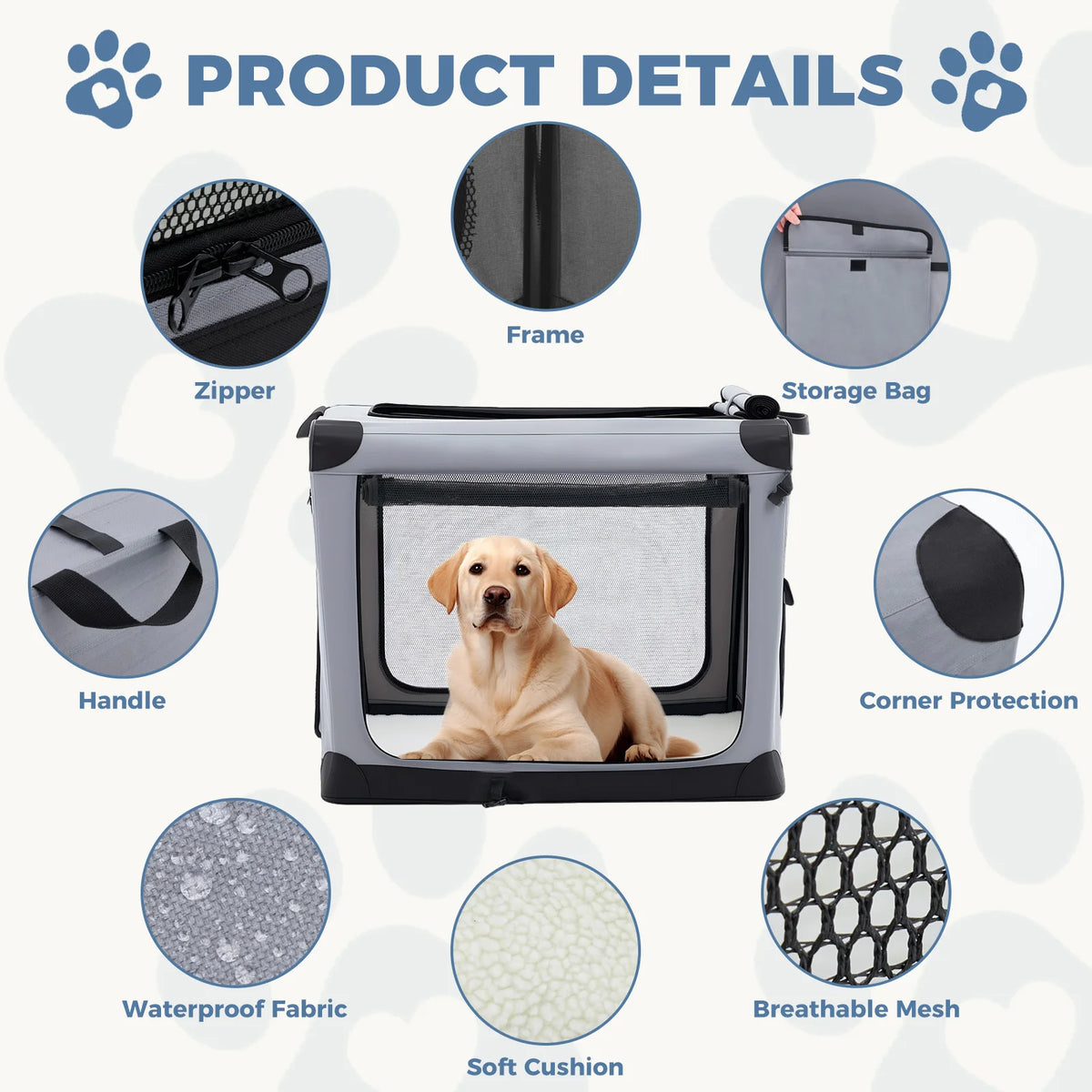 JHK Foldable Soft Dog Crate Portable Three Door Pet Kennel