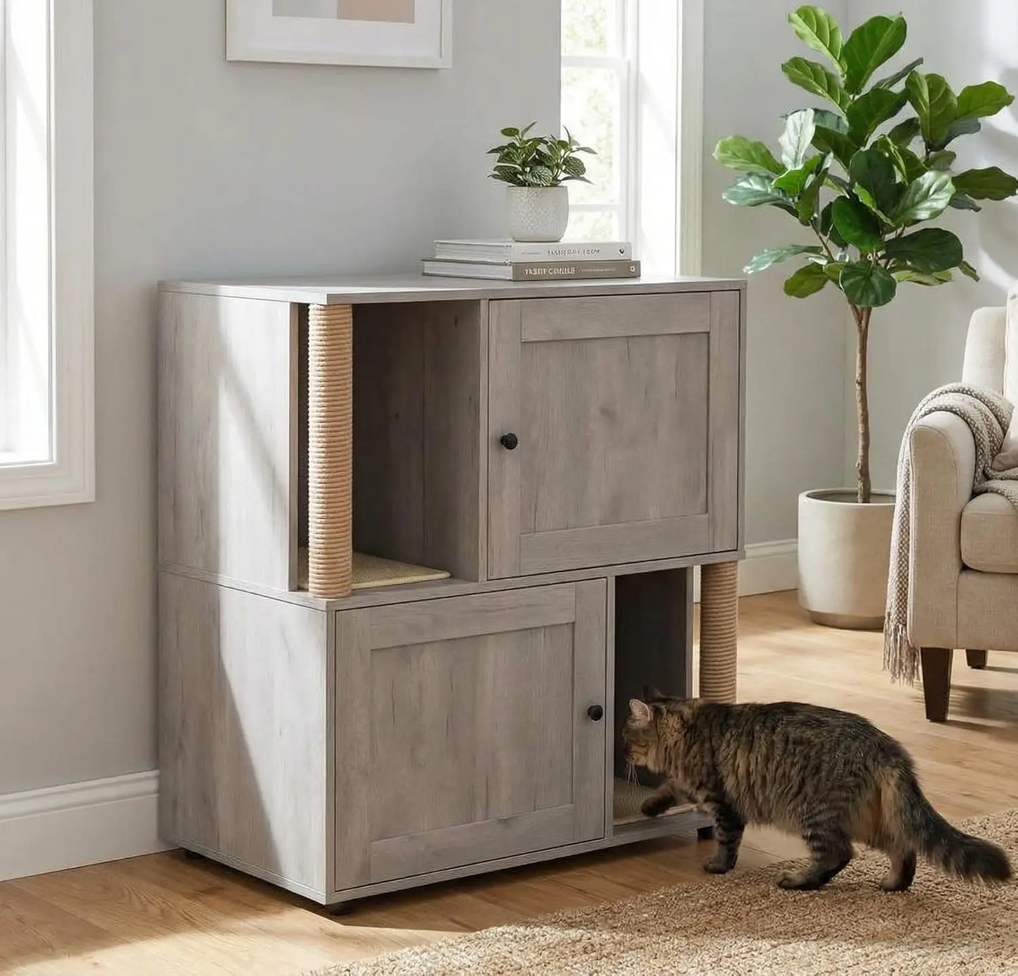 HiMISS Cat Litter Box Enclosure With Double Layer Cabinet And Sisal Post