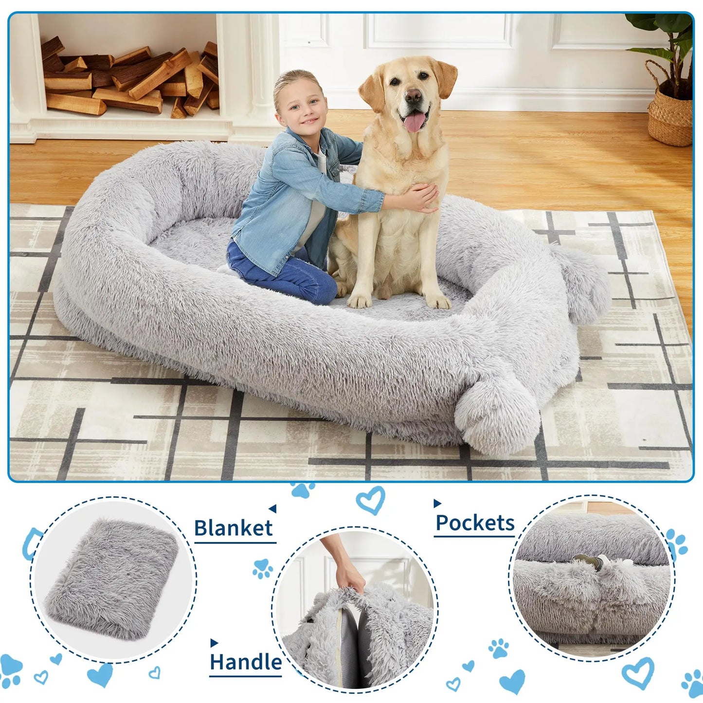 HiMISS Dog Bed With Removable Cover Blanket And Storage Pockets