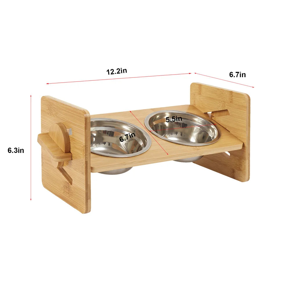 Adjustable Bamboo Raised Dog Feeding Stand With Stainless Steel Bowls