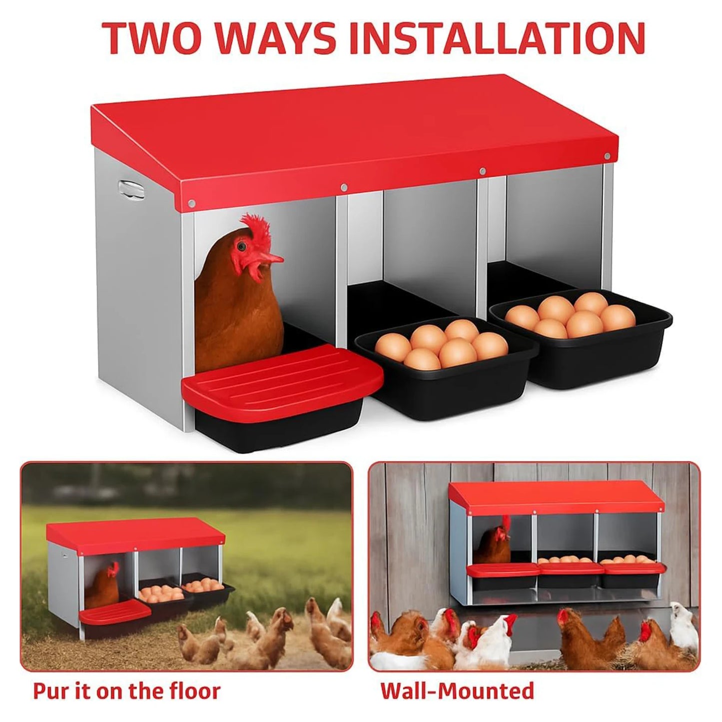 HiMISS Chicken Nesting Boxes 3 Compartment Roll Away Nest Box