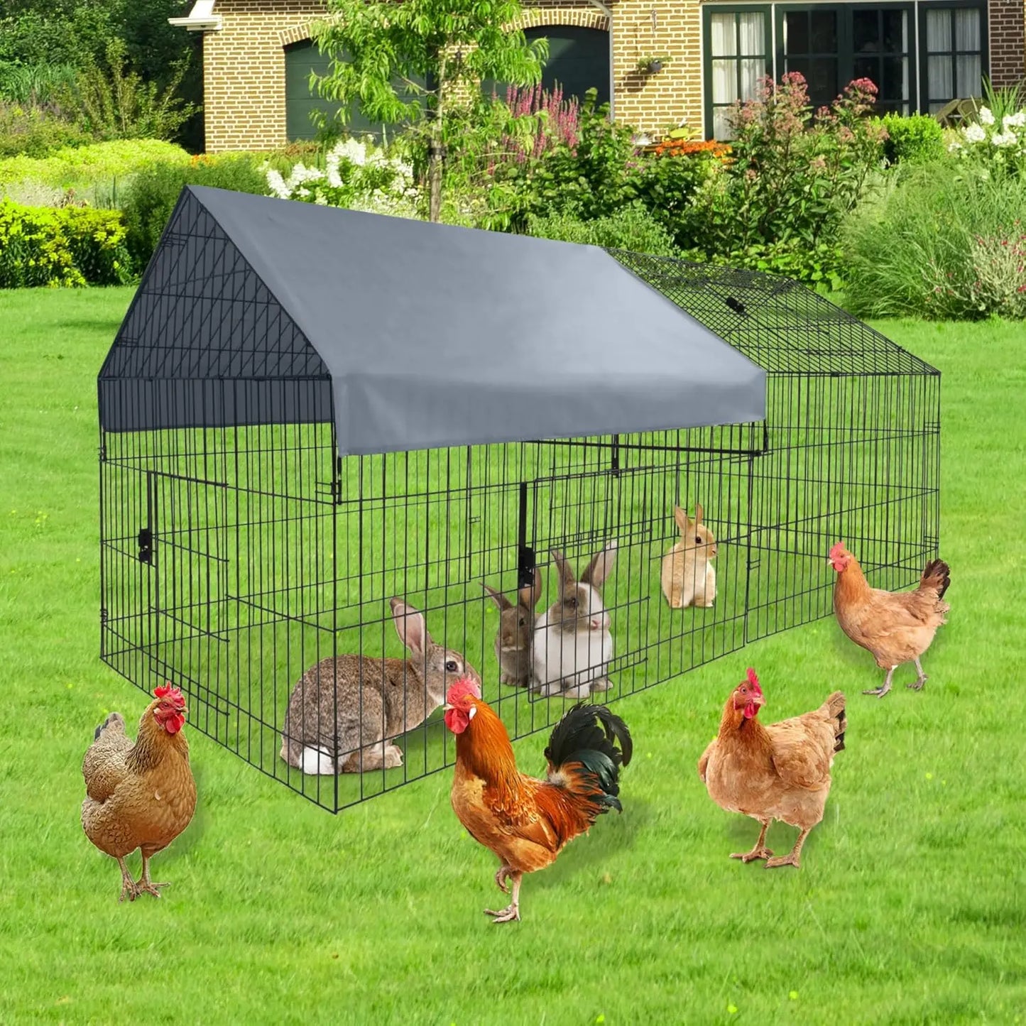 HiMISS Metal Chicken Cage Outdoor Run With Weatherproof Cover