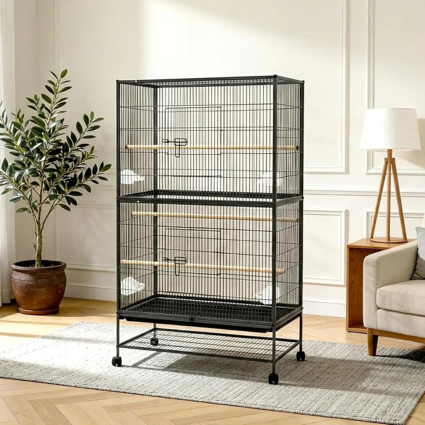 HiMISS Large Bird Cage With Rolling Storage Stands And Bowls