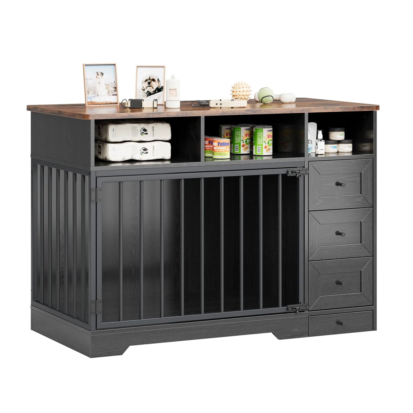 HiMISS Farmhouse Wooden Dog Crate End Table With Storage Drawers