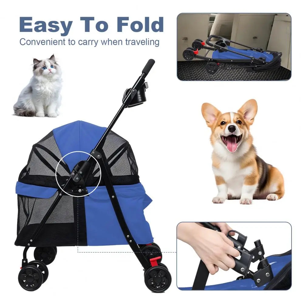 Four-Wheel Pet Stroller For Dogs And Cats Foldable Cup Holder