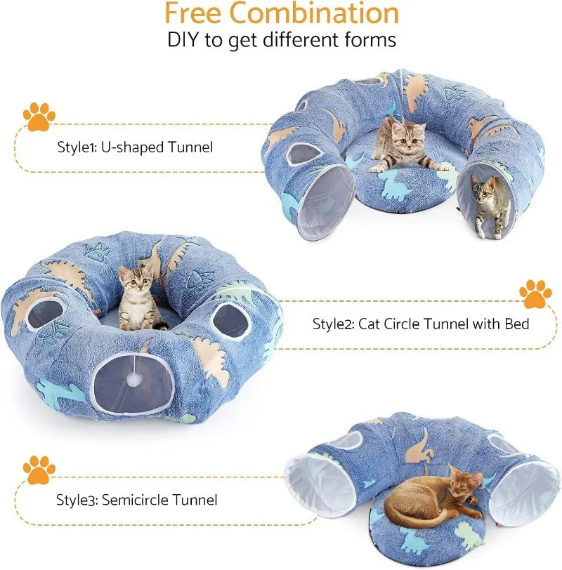 Foldable Cat Tunnel With Peekaboo Cave And Plush Bed