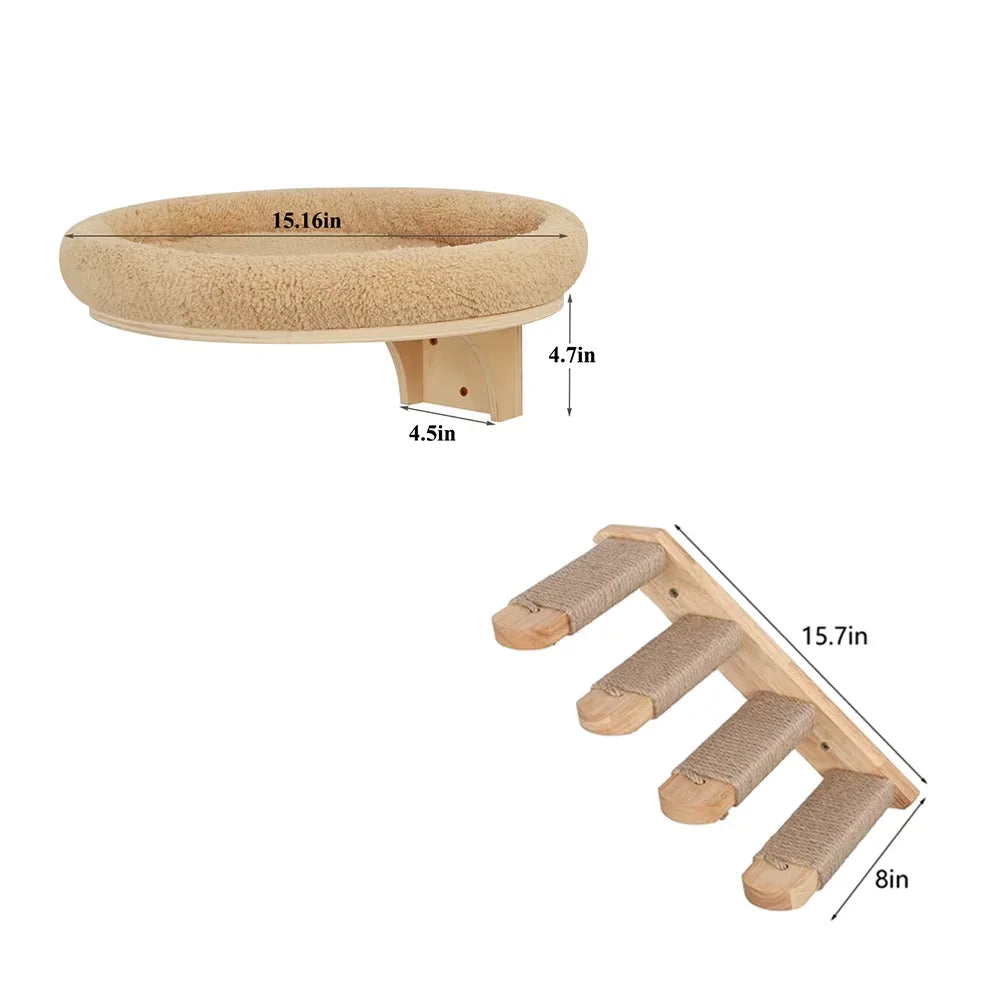 Solid Wooden Wall Mounted Cat Ladder And Hammock With Scratching Post