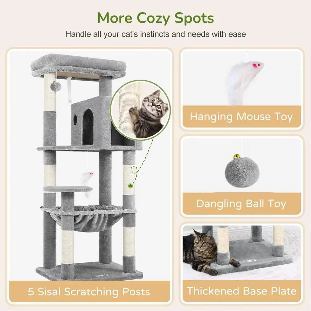 Cat Tree Tower With Scratching Post And Plush Hammock