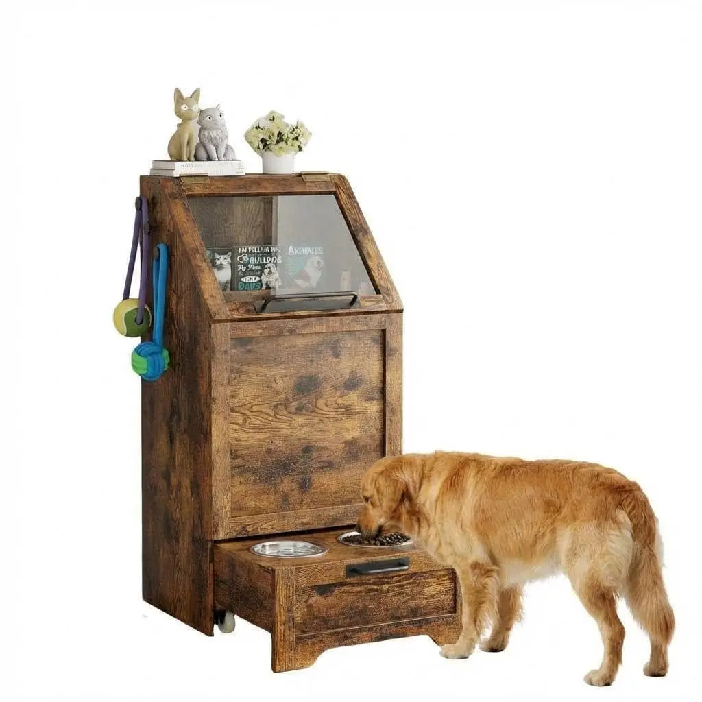 HiMISS Dog Food Station With Storage Raised Bowls And Hanger