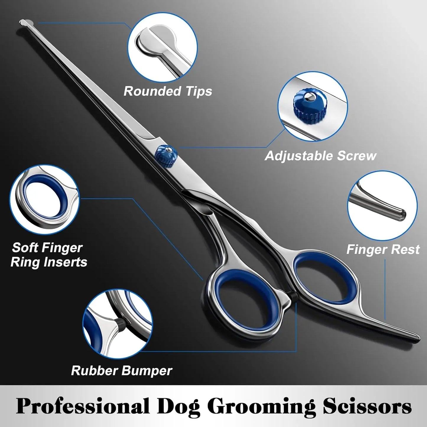 Professional Pet Grooming Shears Set Stainless Steel Safety Round Tip Dog Cat Hair Cutting Kit Straight Curved Thinning Scissors with Comb for Small Large Pets Hair Trimming