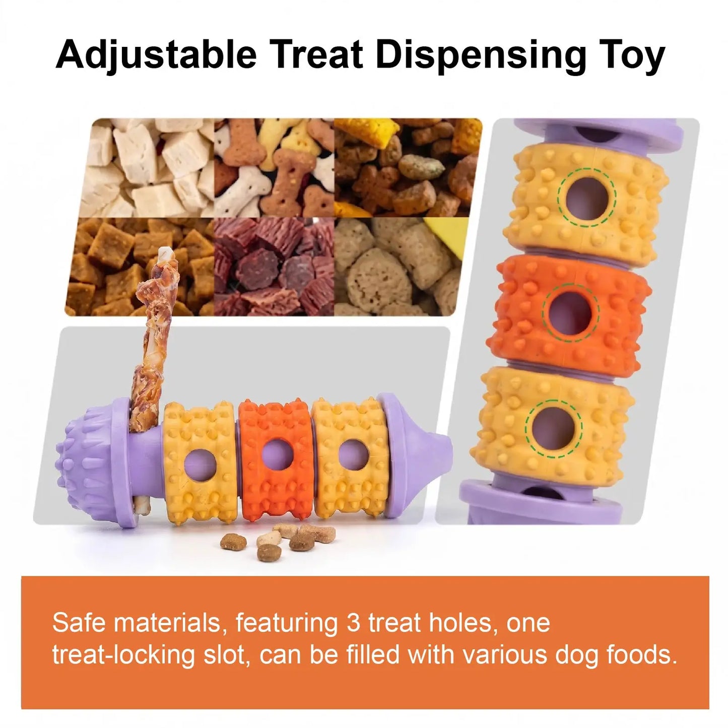 Dog enrichment toy with fun treat-dispensing design and textured chewing surface, built-in snack slots for slow feeding, suitable for all dog breeds for daily exercise and training