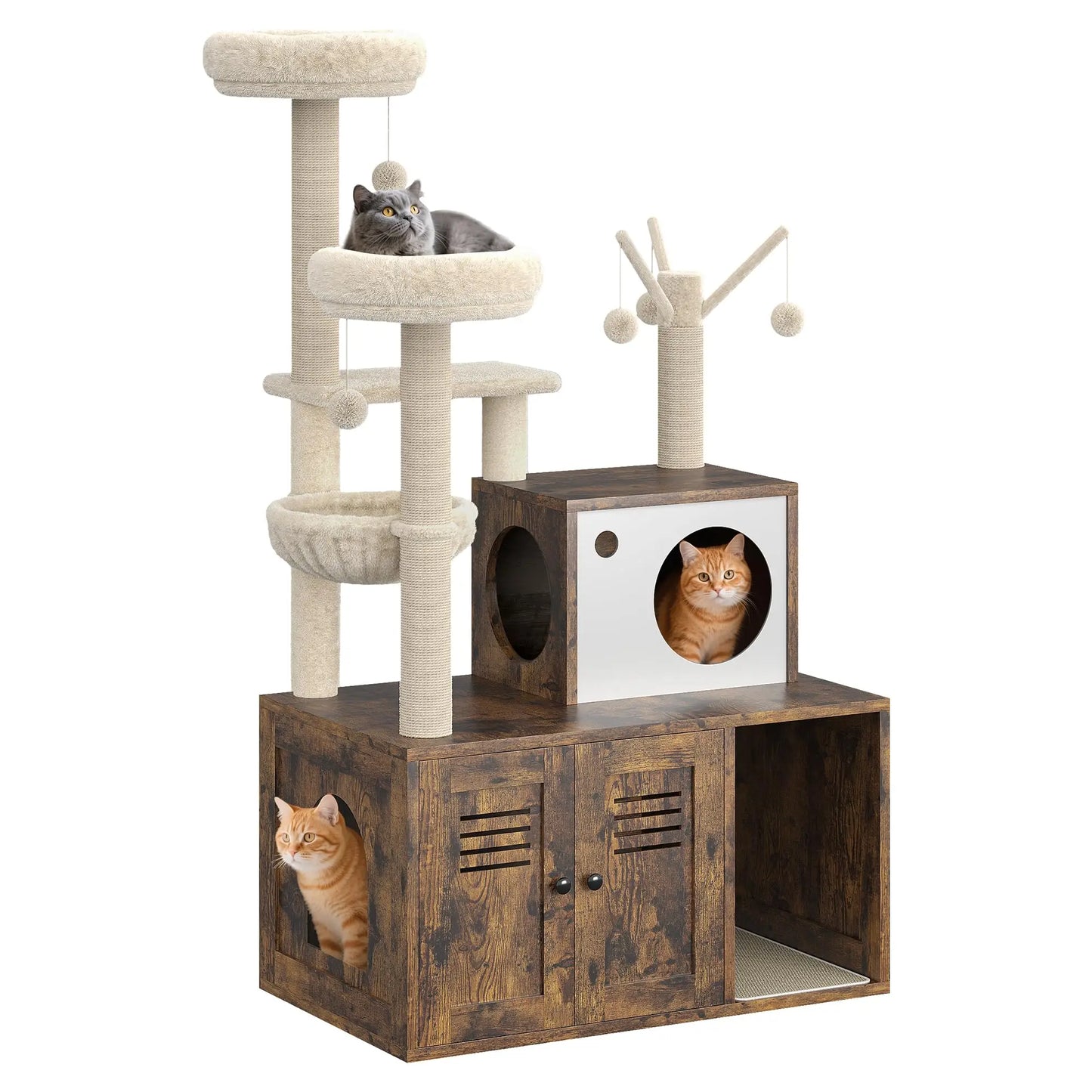 HiMISS Modern Wooden Cat Tree With Hidden Litter Box Cabinet