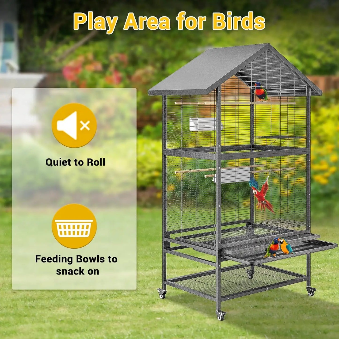 HiMISS Steel Parrot Cage With Casters Removable Tray And Feeders