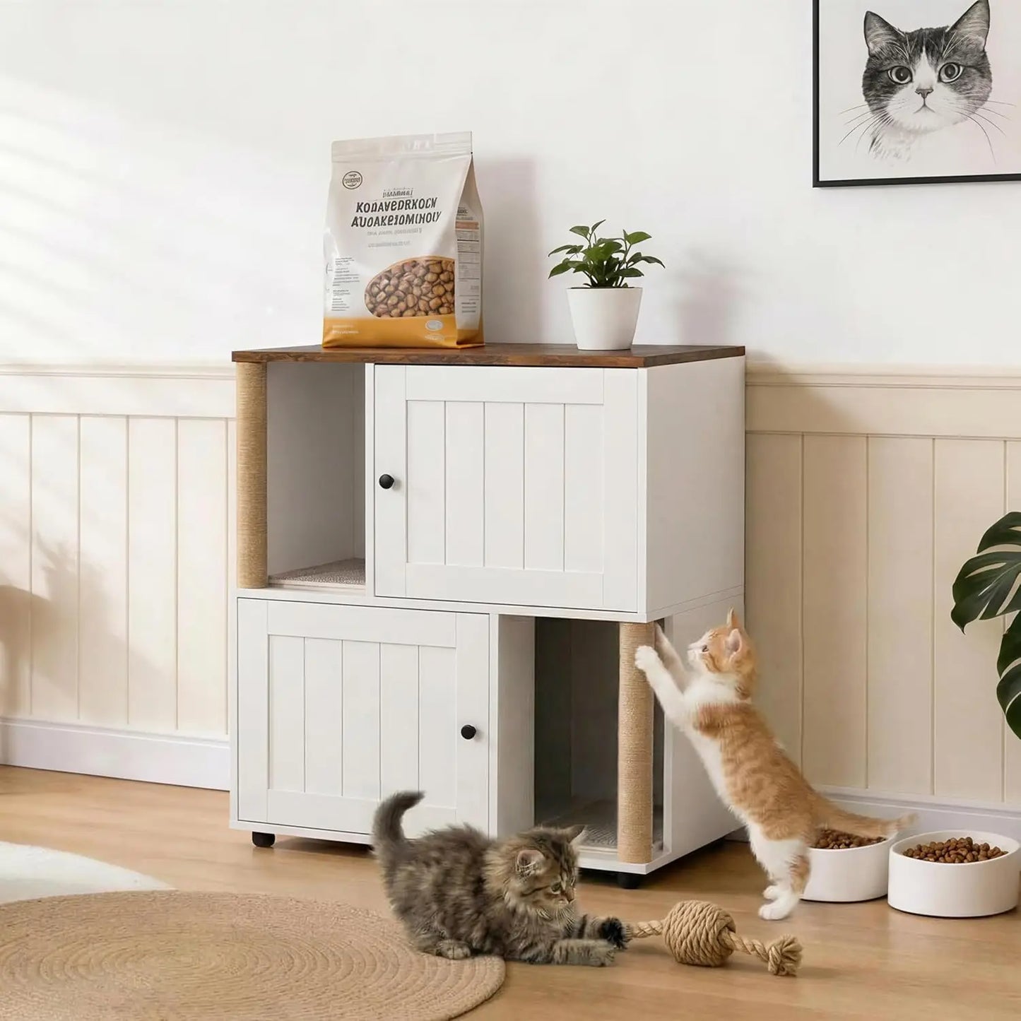 HiMISS Cat Litter Box Enclosure With Double Layer Cabinet And Sisal Post