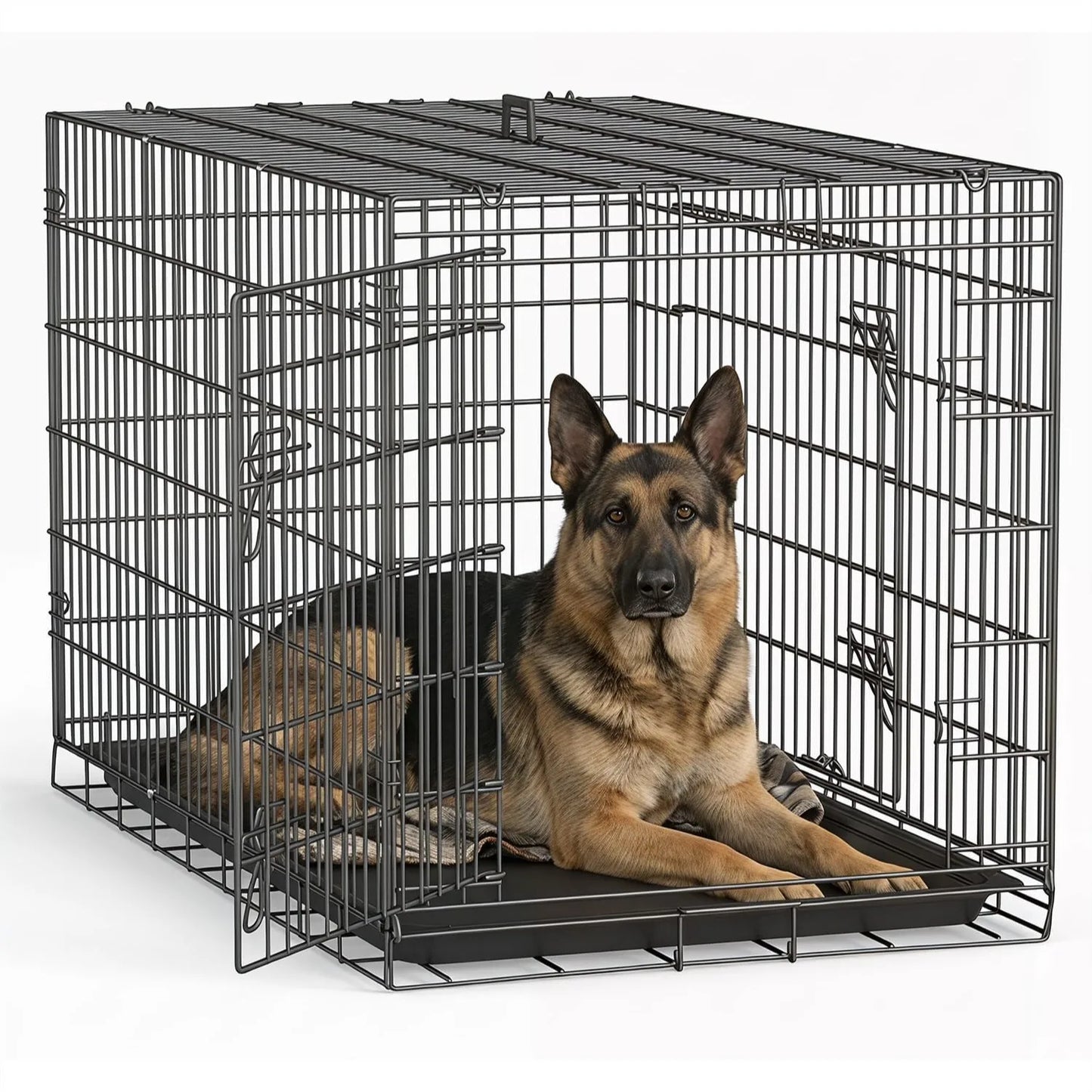 Extra Large Dog Crate 48 inch Folding Metal Wire Kennel with Double Door & Removable Tray for Large Dogs Black