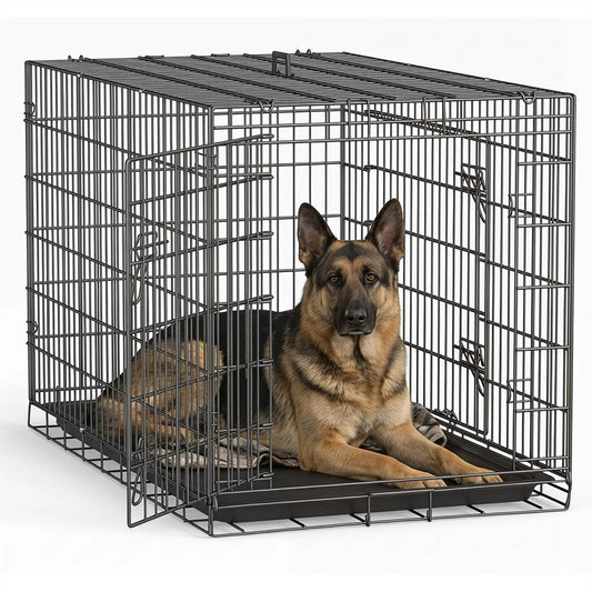 Extra Large Dog Crate 48 inch Folding Metal Wire Kennel with Double Door & Removable Tray for Large Dogs Black