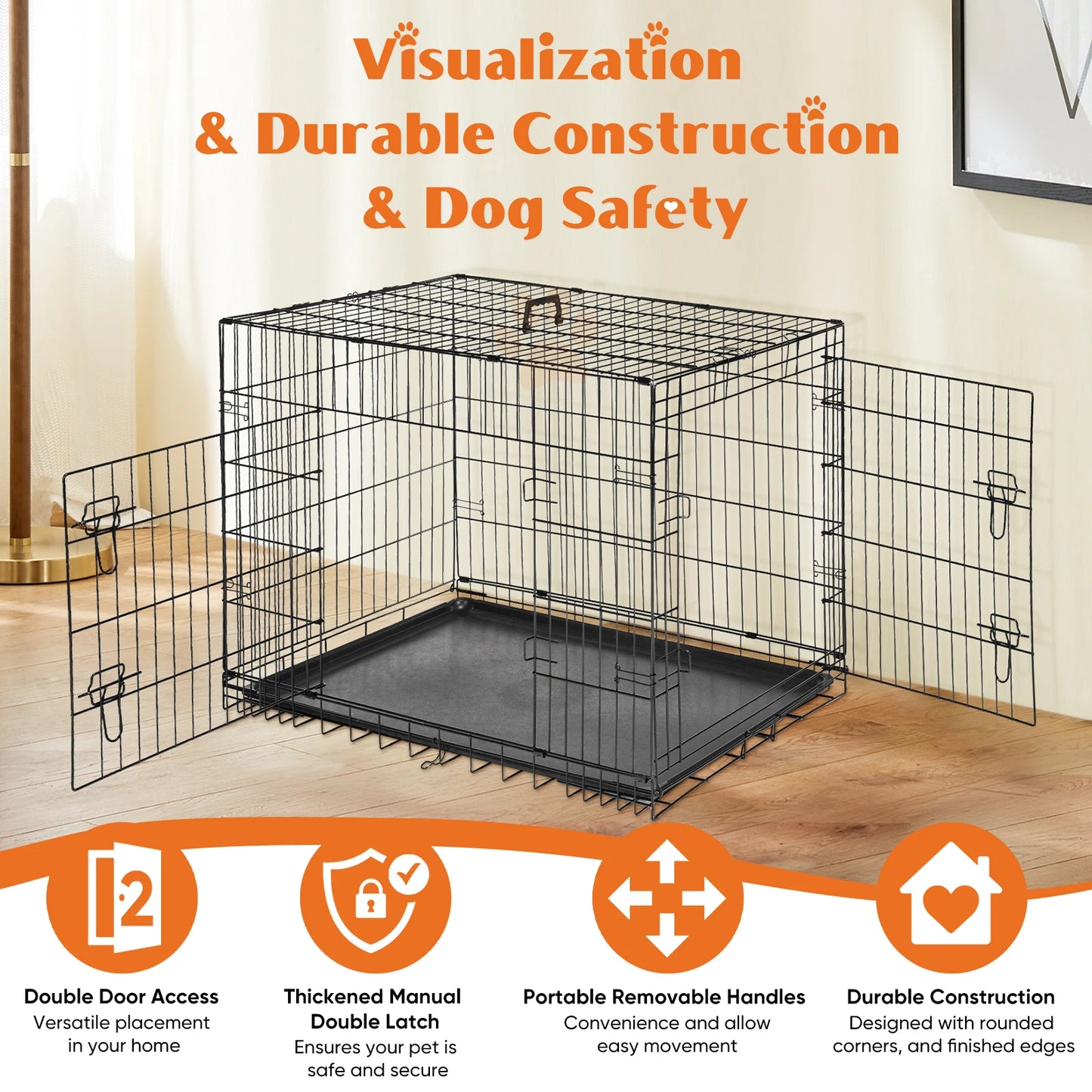 JHK Double Door Folding Wire Dog Cage With Leakproof Pan