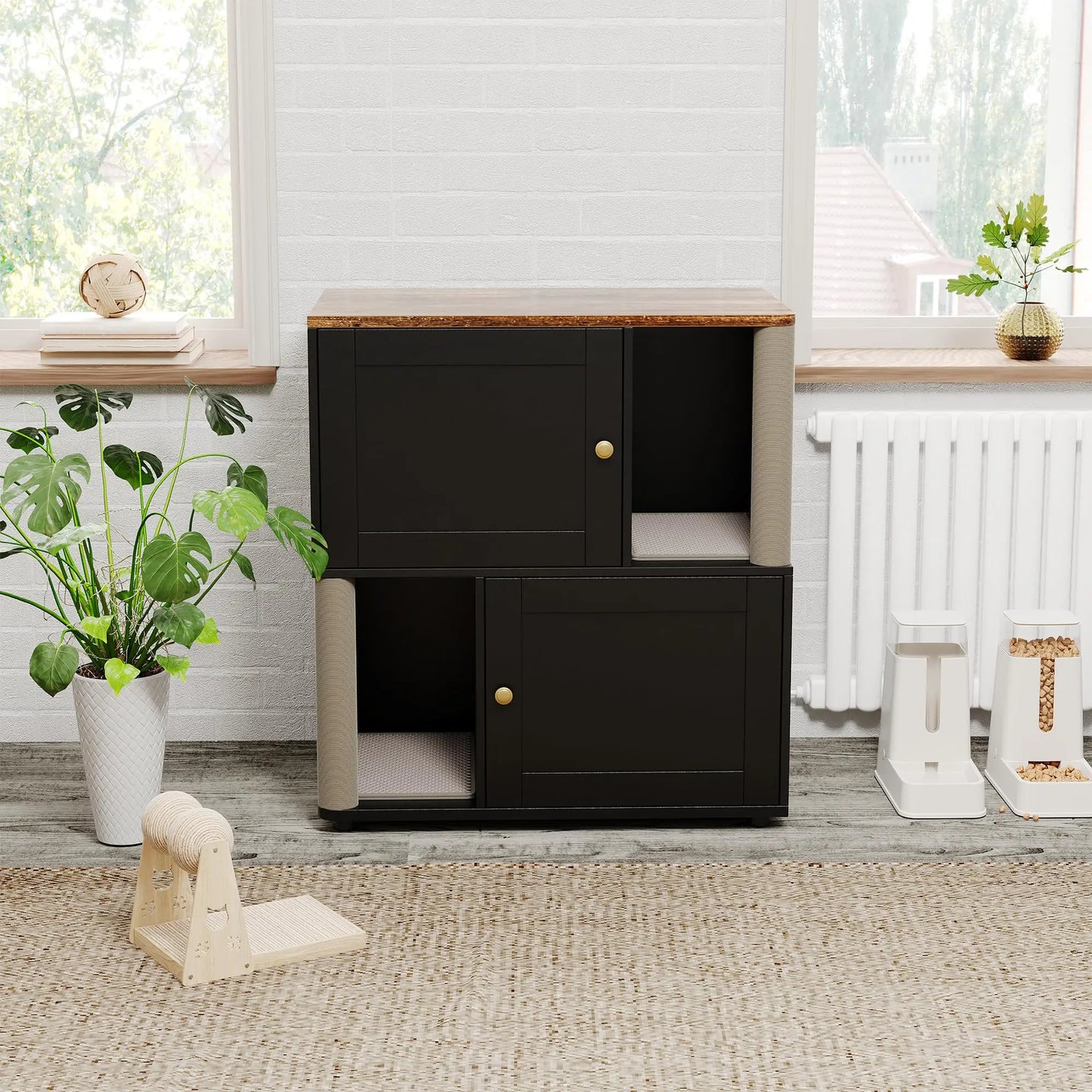 HiMISS Cat Litter Box Enclosure Dual Layer Cabinet With Litter Mats