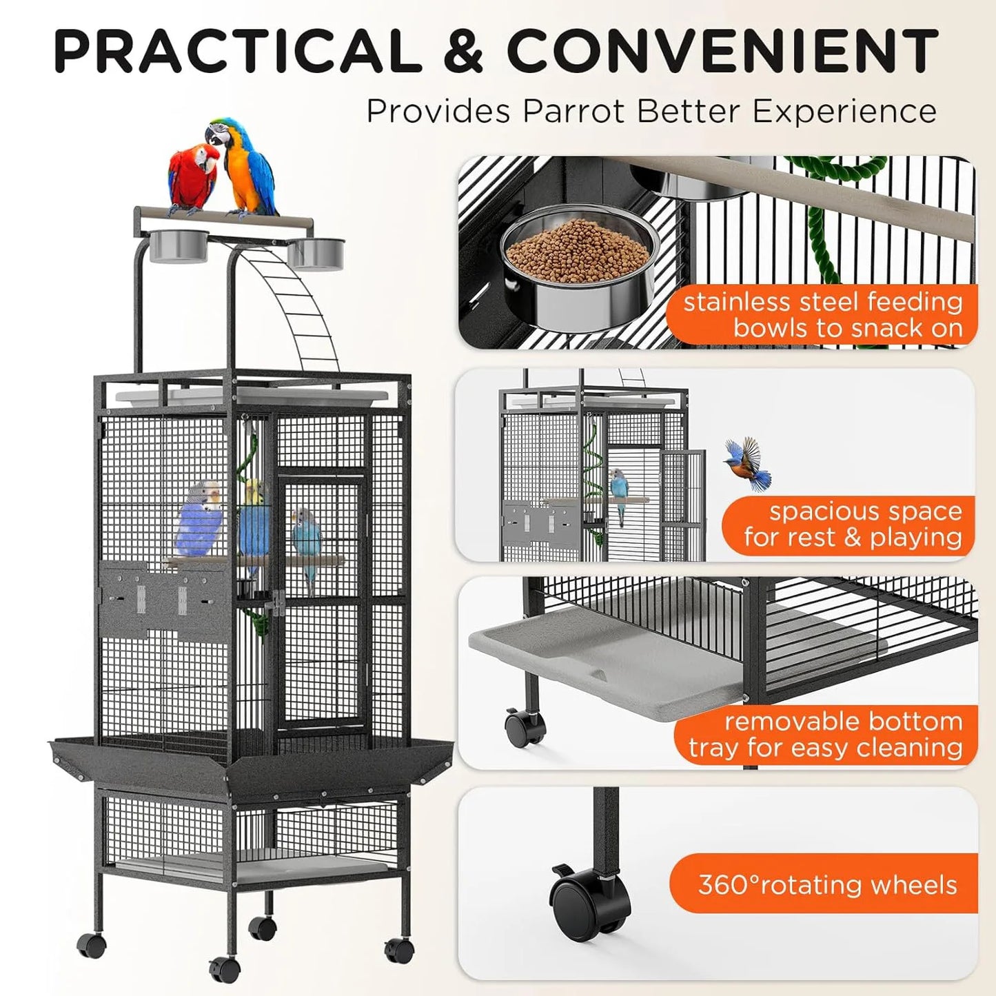 HiMISS Parrot Cage Rolling With Play Top And Bowls