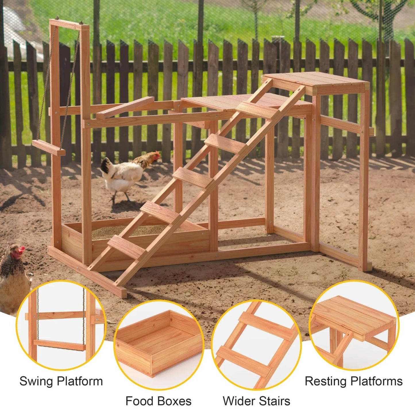Wooden Chicken Roost Activity Play Multiple Chicken Coop Perches with Swing Toy