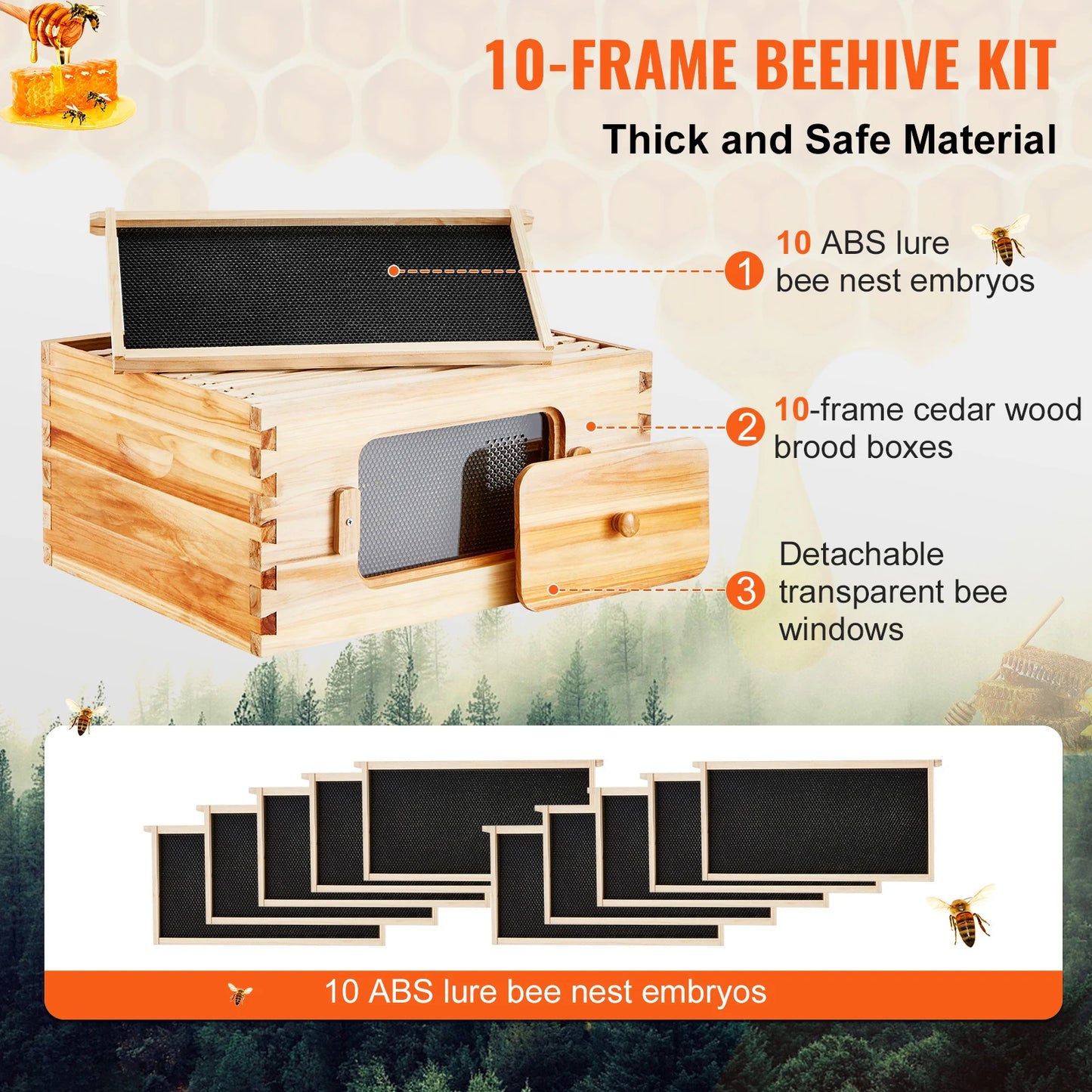SucceBuy Bee Hive Deep Box Starter Kit 100% Beeswax Coated Natural Cedar Wood Langstroth Beehive Kit Transparent Acrylic