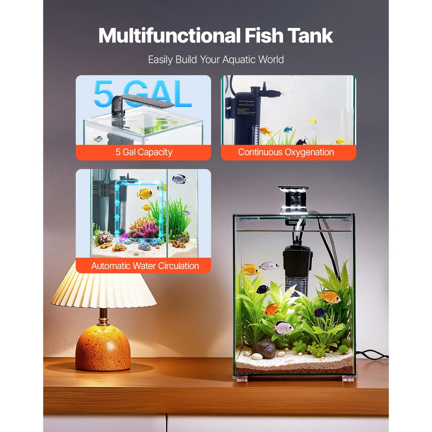 SucceBuy Ultra Clear Glass Aquarium Tank With Three Mode Lighting