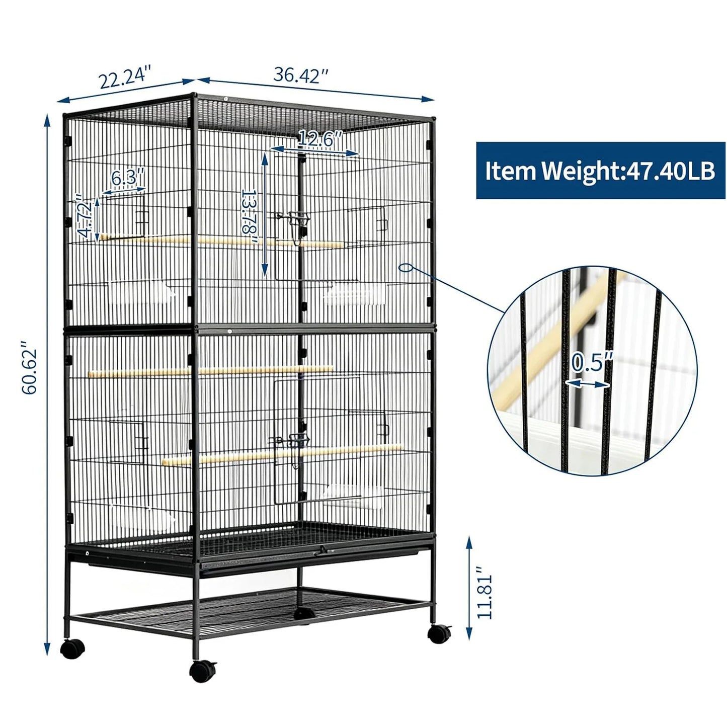 HiMISS Large Bird Cage With Rolling Storage Stands And Bowls