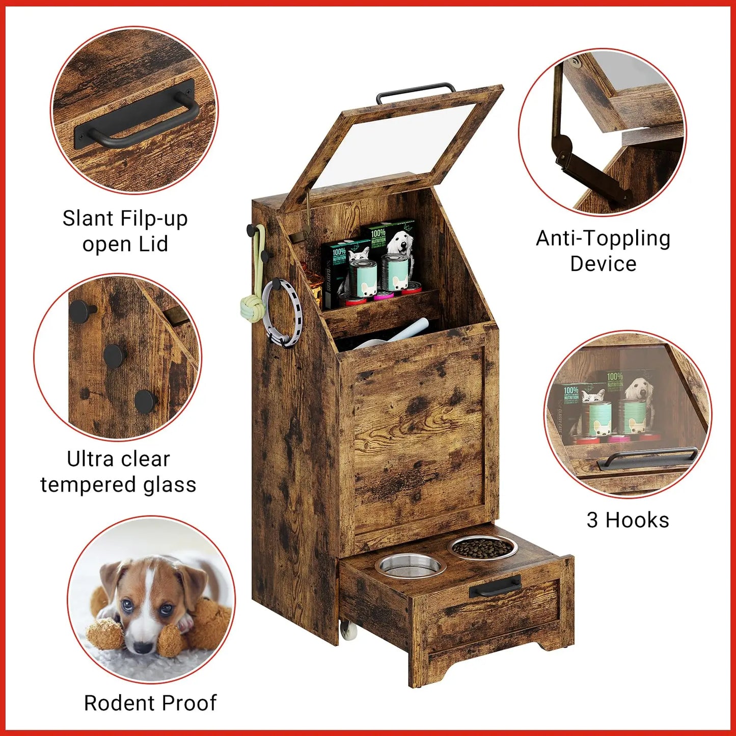 HiMISS Dog Food Storage Cabinet With Flip Top Leash Hooks
